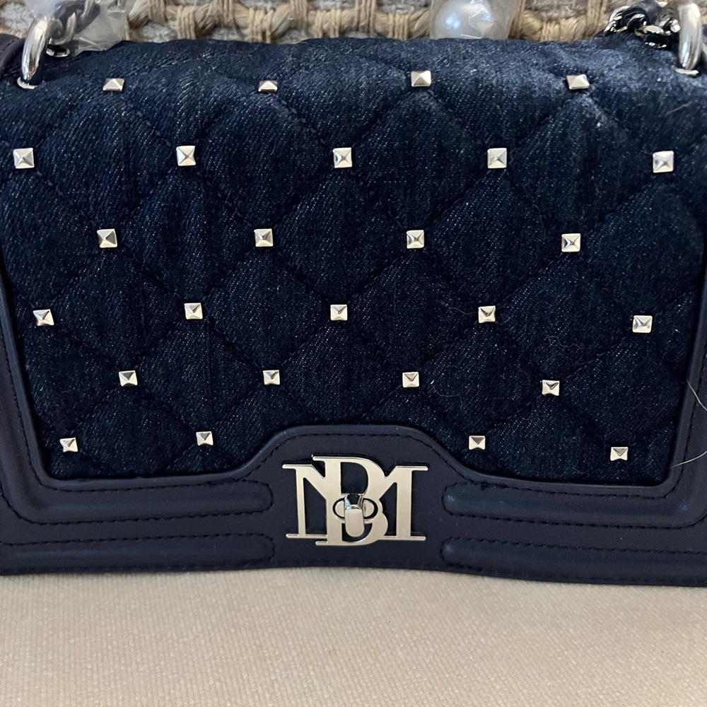 Badgley Mischka Denim Diamond Quilted Crossbody Bag Purse w/Faux Pearls